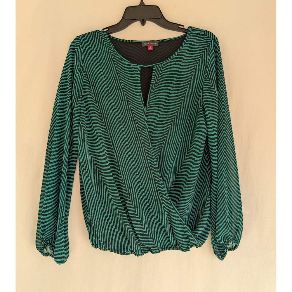 VINCE CAMUTO Women's S Wrap Blouse V Neck Long Sleeve Striped Green Lined